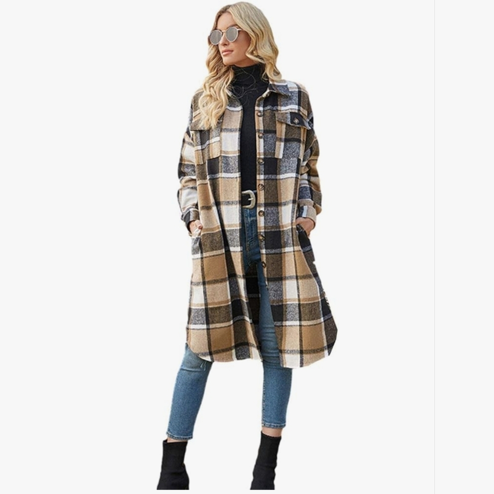 PUWEI Women's Casual Lapel Button Down Long Plaid Shirt Coat Tartan Shacket Jack